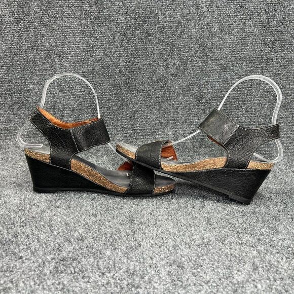 Taos Carousel Sandals Women's 6.5 Black Leather Comfort Wedge Hook Loop Strap - Picture 7 of 12